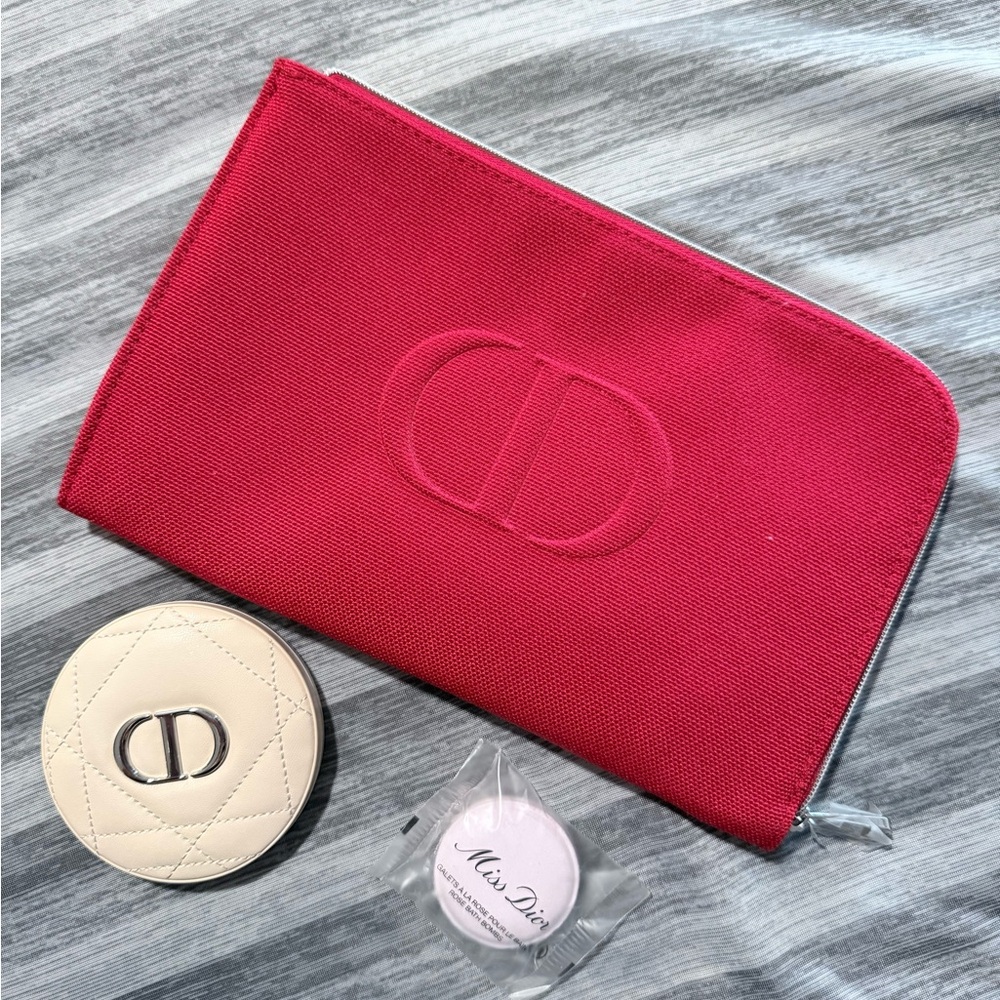 Christian Dior Cosmetic Pouch with Dior bronzer compact and miss dior bath bomb